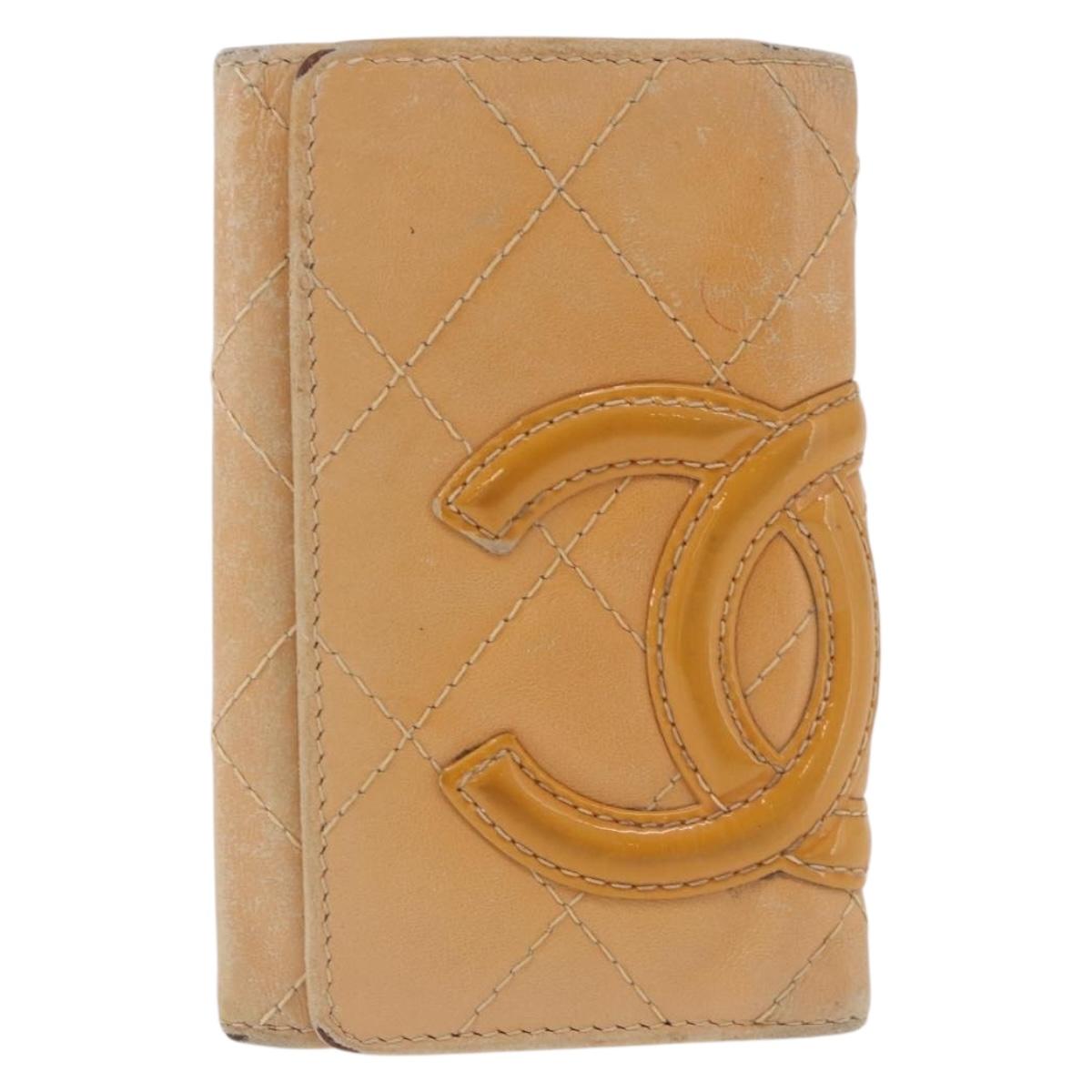 CHANEL Cambon Line Matelasse Key Case Leather Beige Silver CC Auth ep14903
