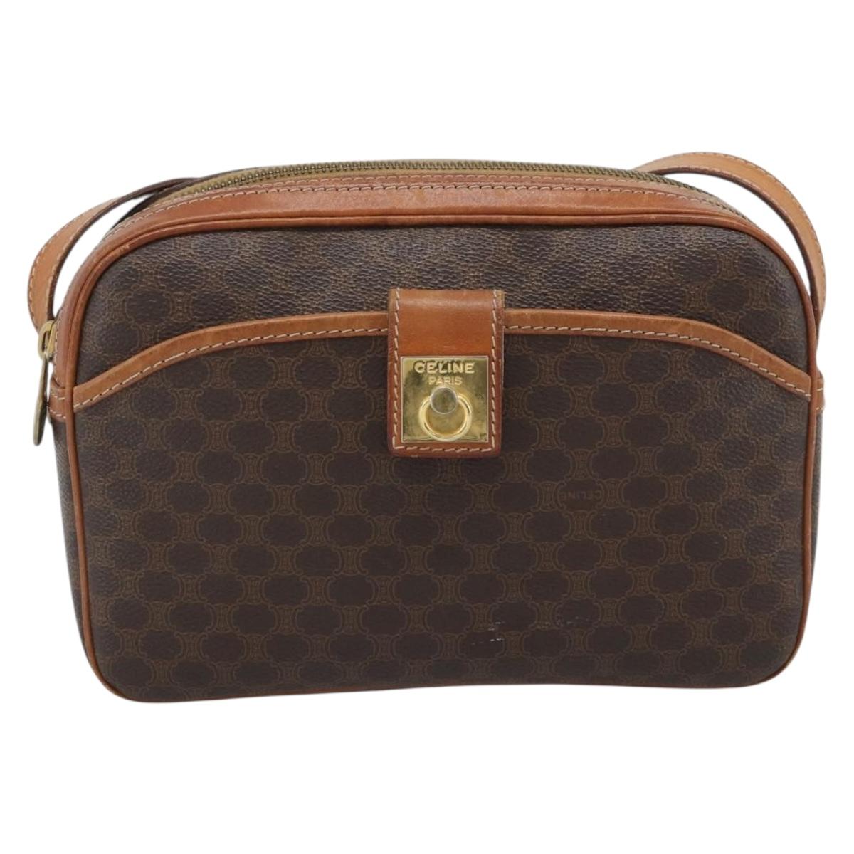 CELINE Macadam Canvas Shoulder Bag PVC Leather Brown Gold Auth ep14921