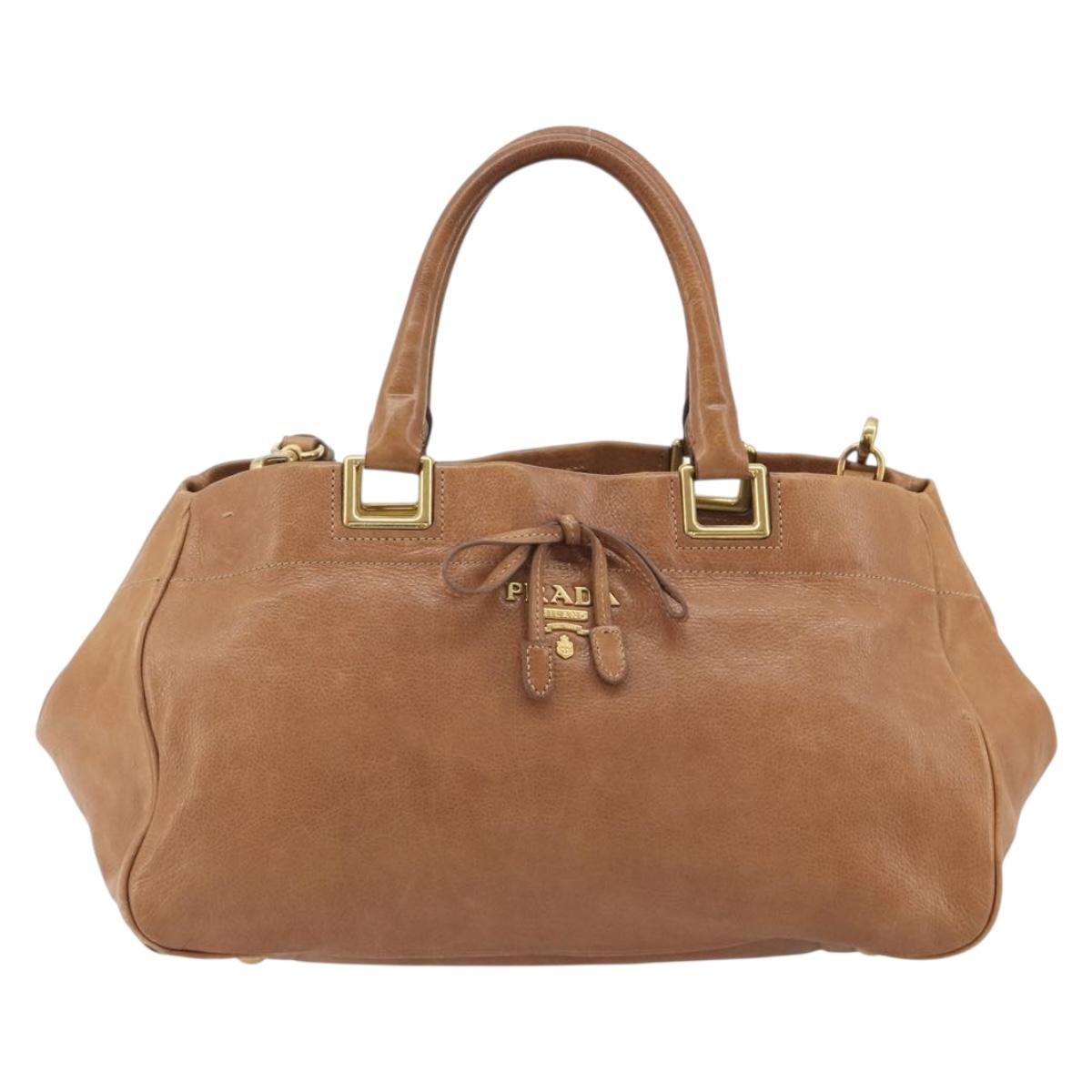PRADA Hand Bag Leather 2way Brown Gold Auth ep14931A