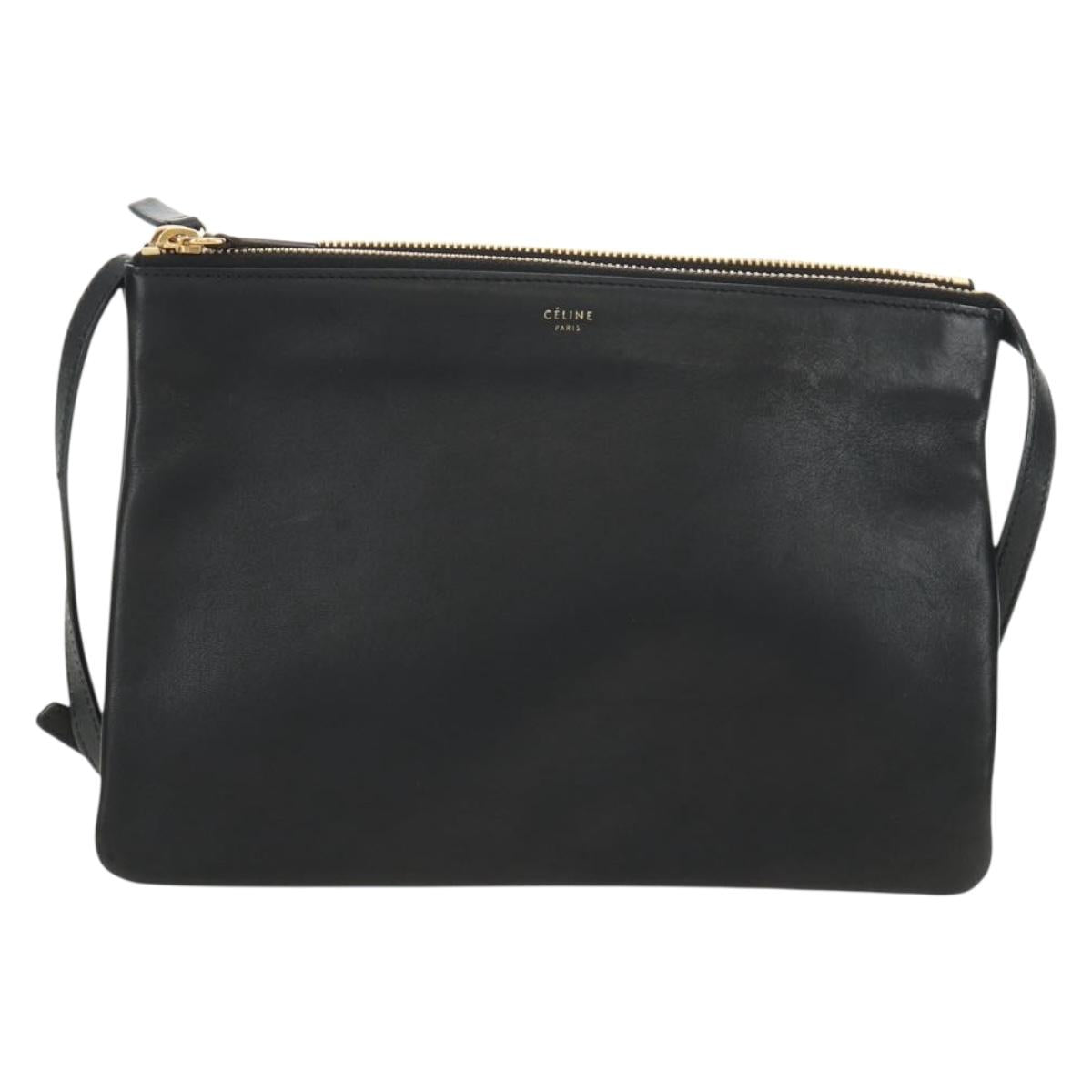 CELINE Trio Shoulder Bag Leather Black Gold Auth ep14940V