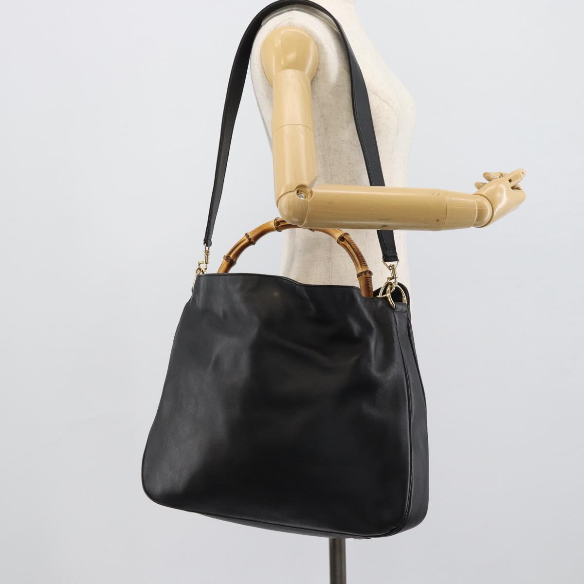 GUCCI Bamboo Hand Bag Leather 2way Black Gold 001 2058 1577 Auth ep14945
