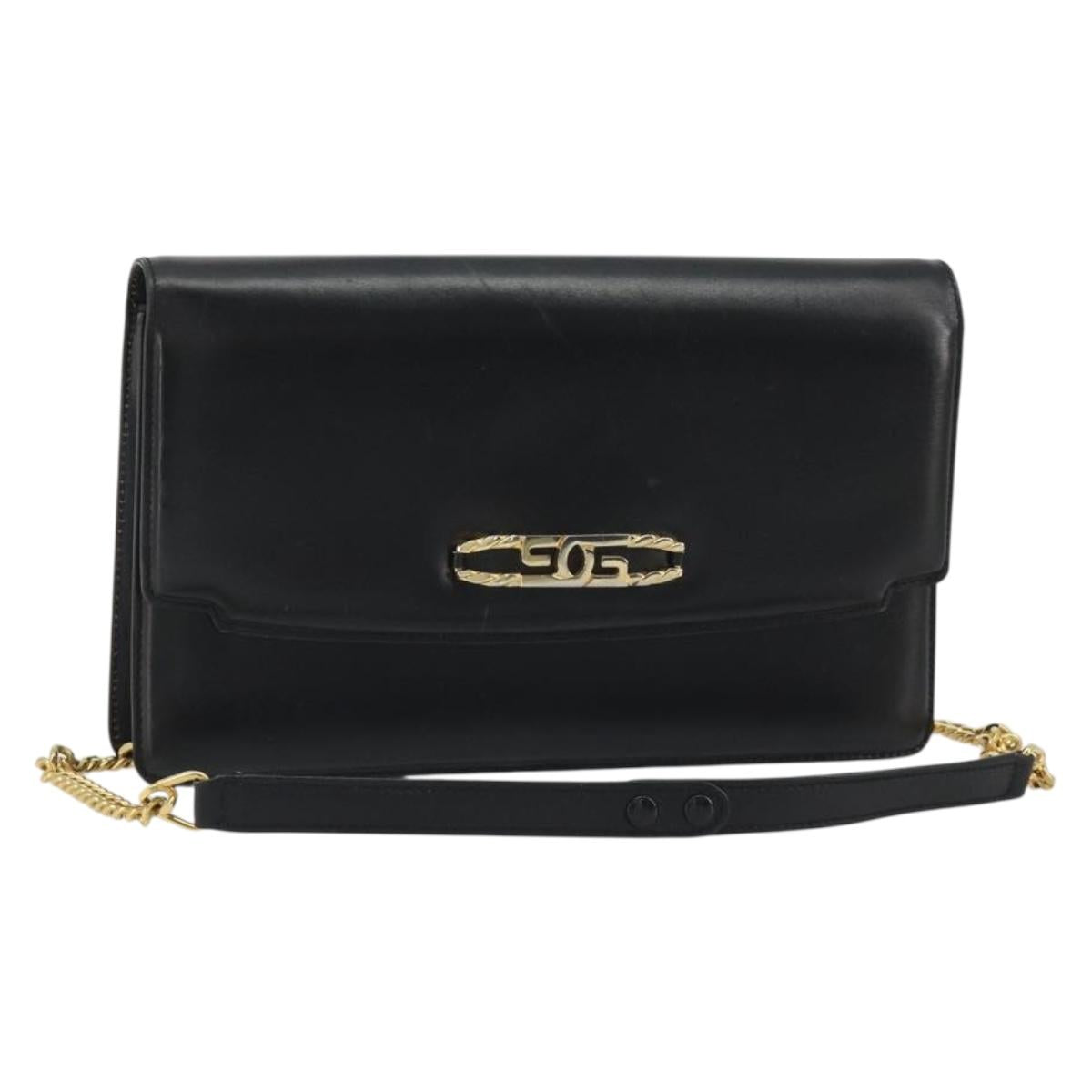 GUCCI Chain Shoulder Bag Leather Black Gold Auth ep14950
