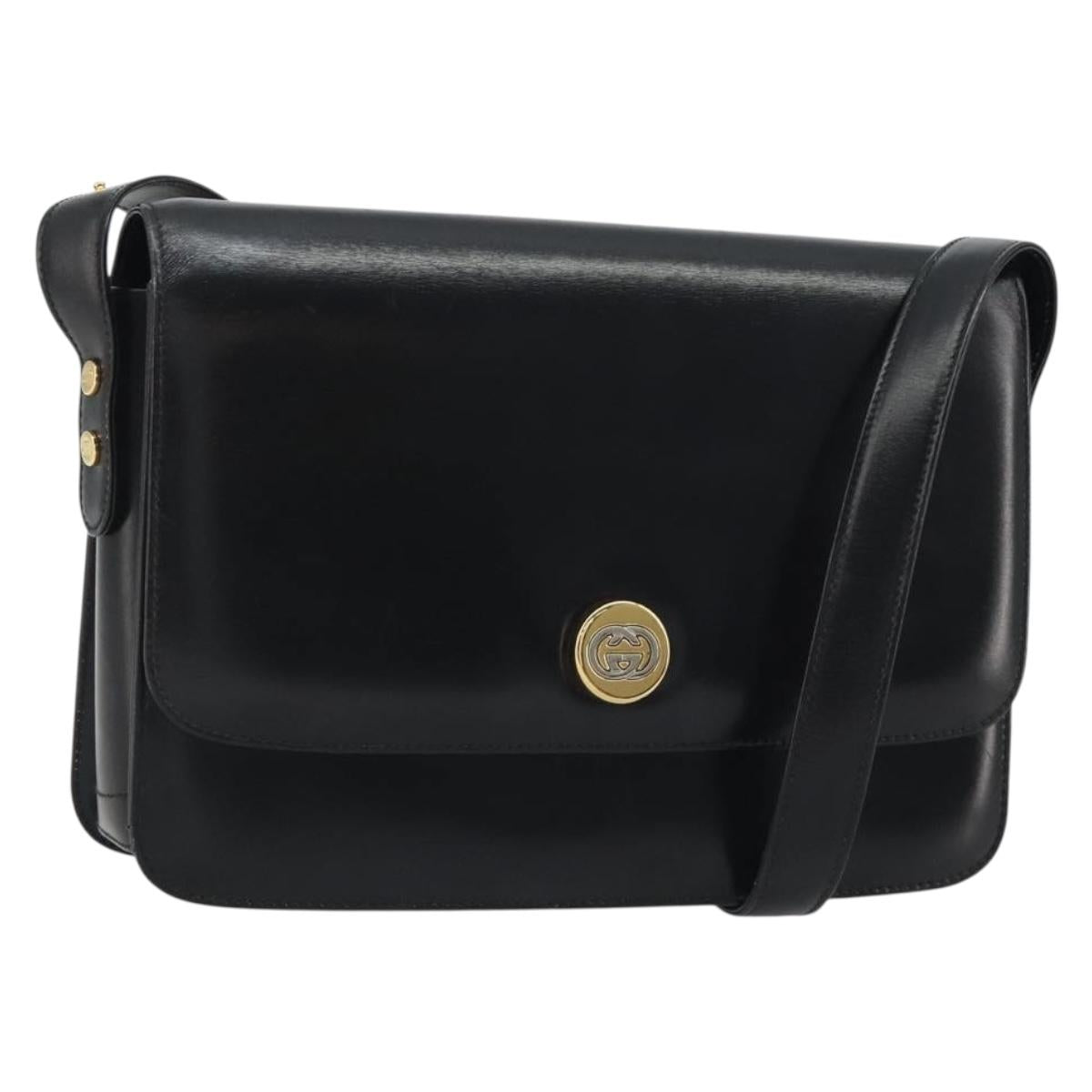 GUCCI Shoulder Bag Leather Black Gold Auth ep14962V