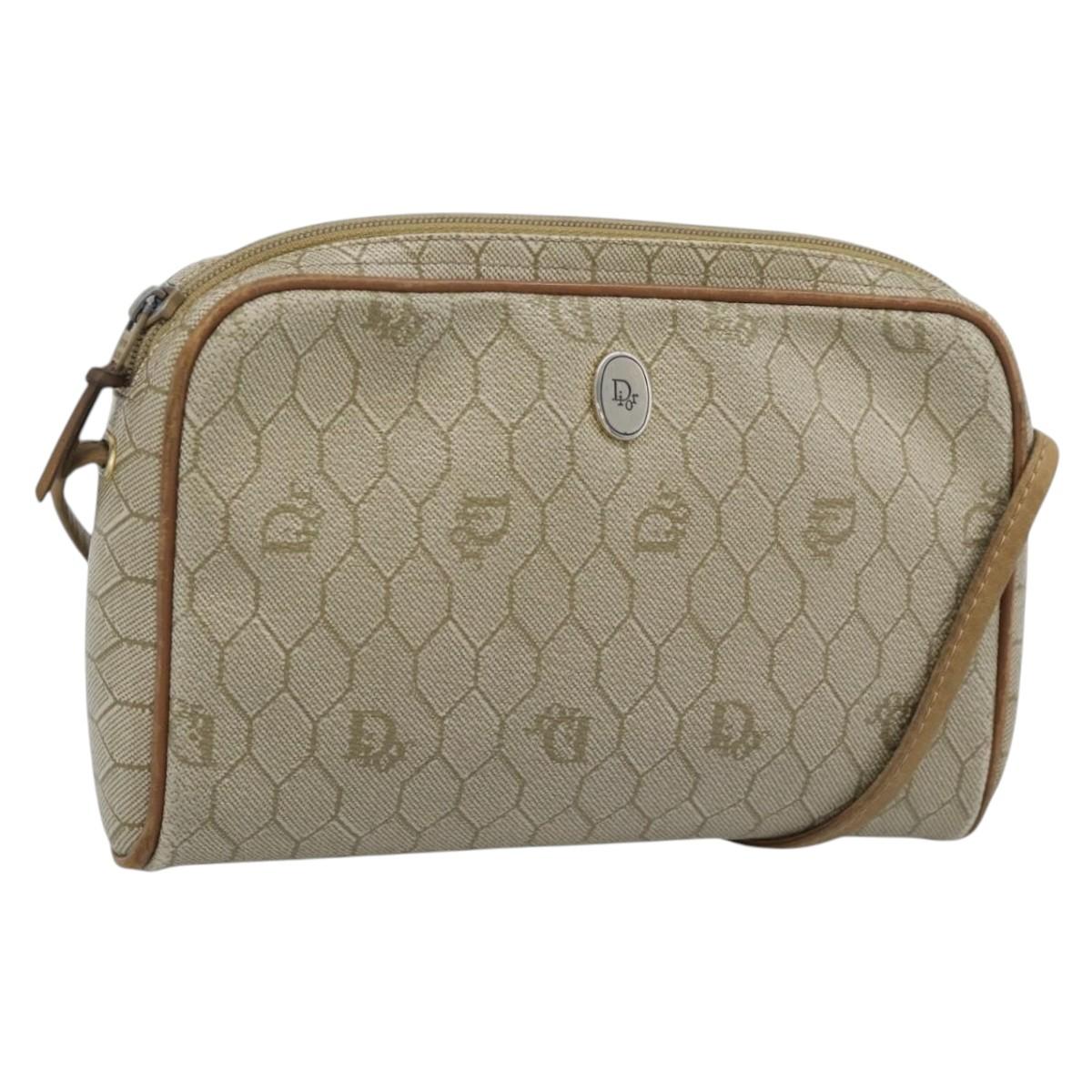 Christian Dior Honeycomb Canvas Shoulder Bag PVC Beige Gold Auth ep14966