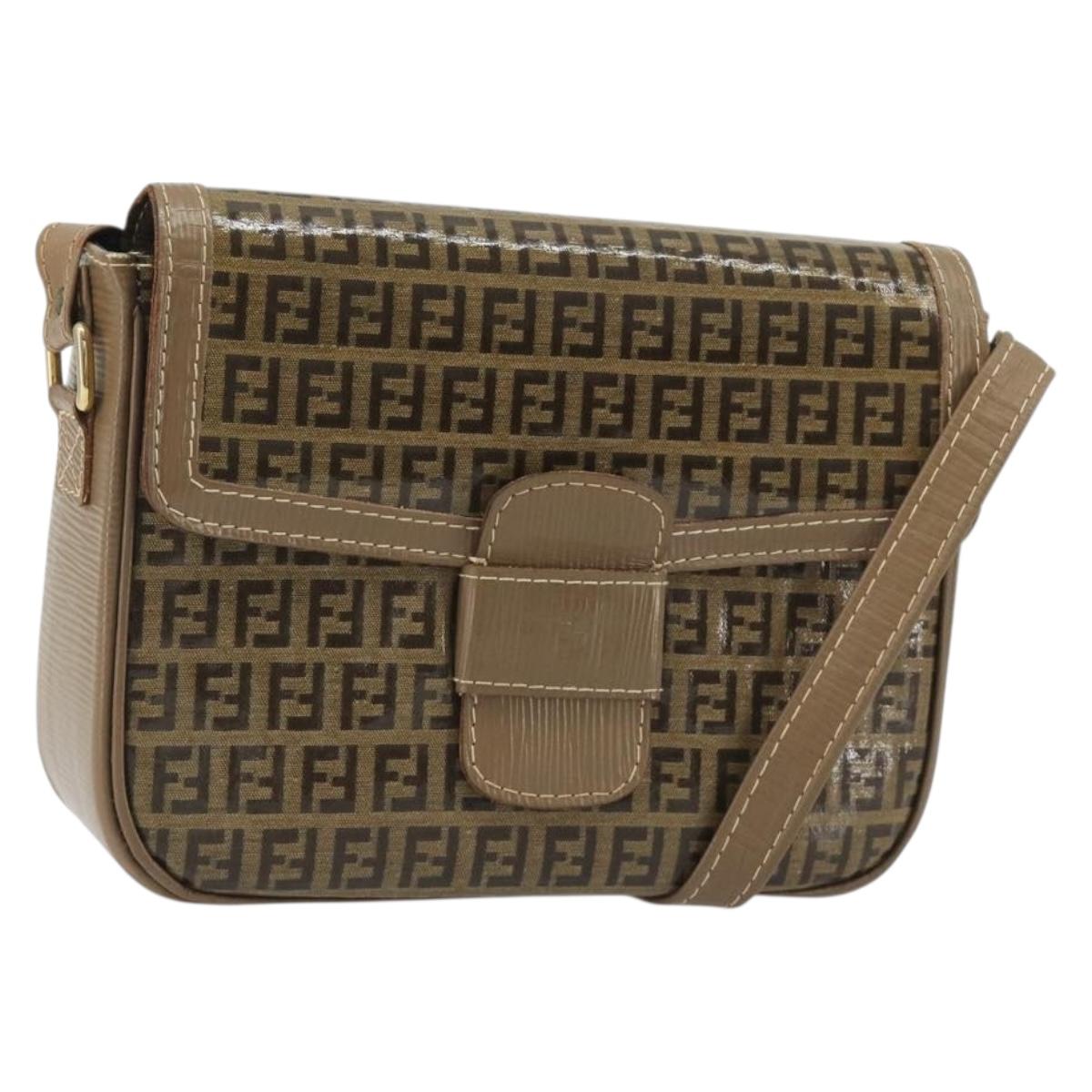 FENDI Zucchino Canvas Shoulder Bag Coated Canvas Beige Gold Auth ep14978