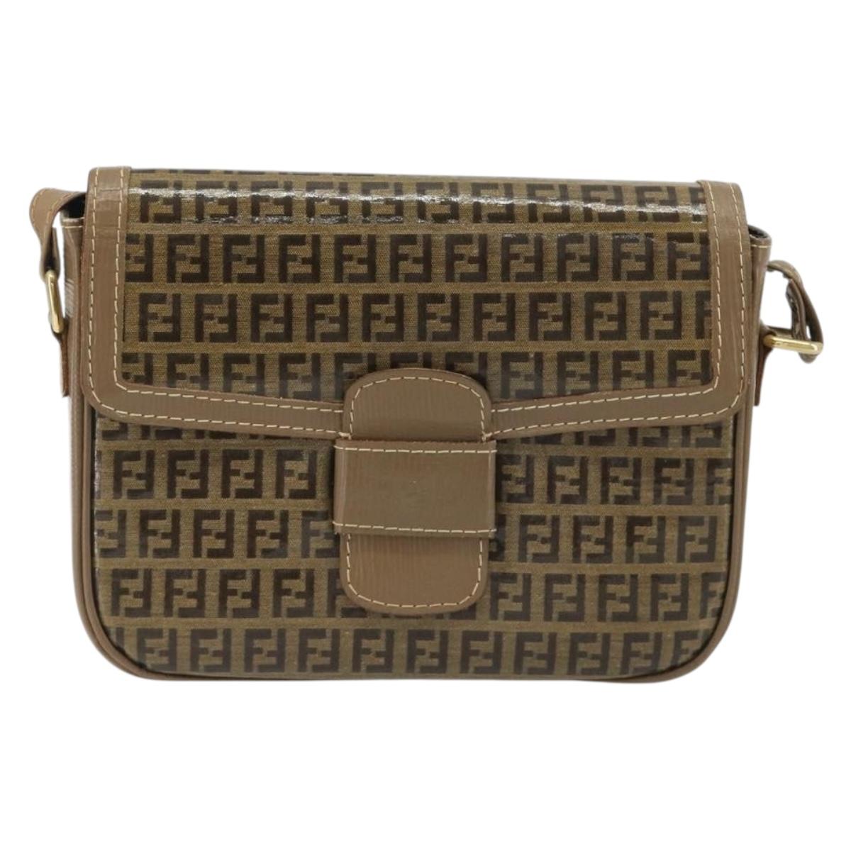 FENDI Zucchino Canvas Shoulder Bag Coated Canvas Beige Gold Auth ep14978