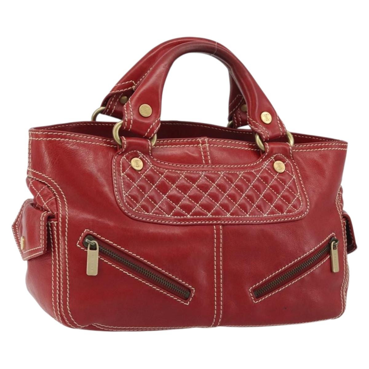 CELINE Hand Bag Leather Red Gold Auth ep14985