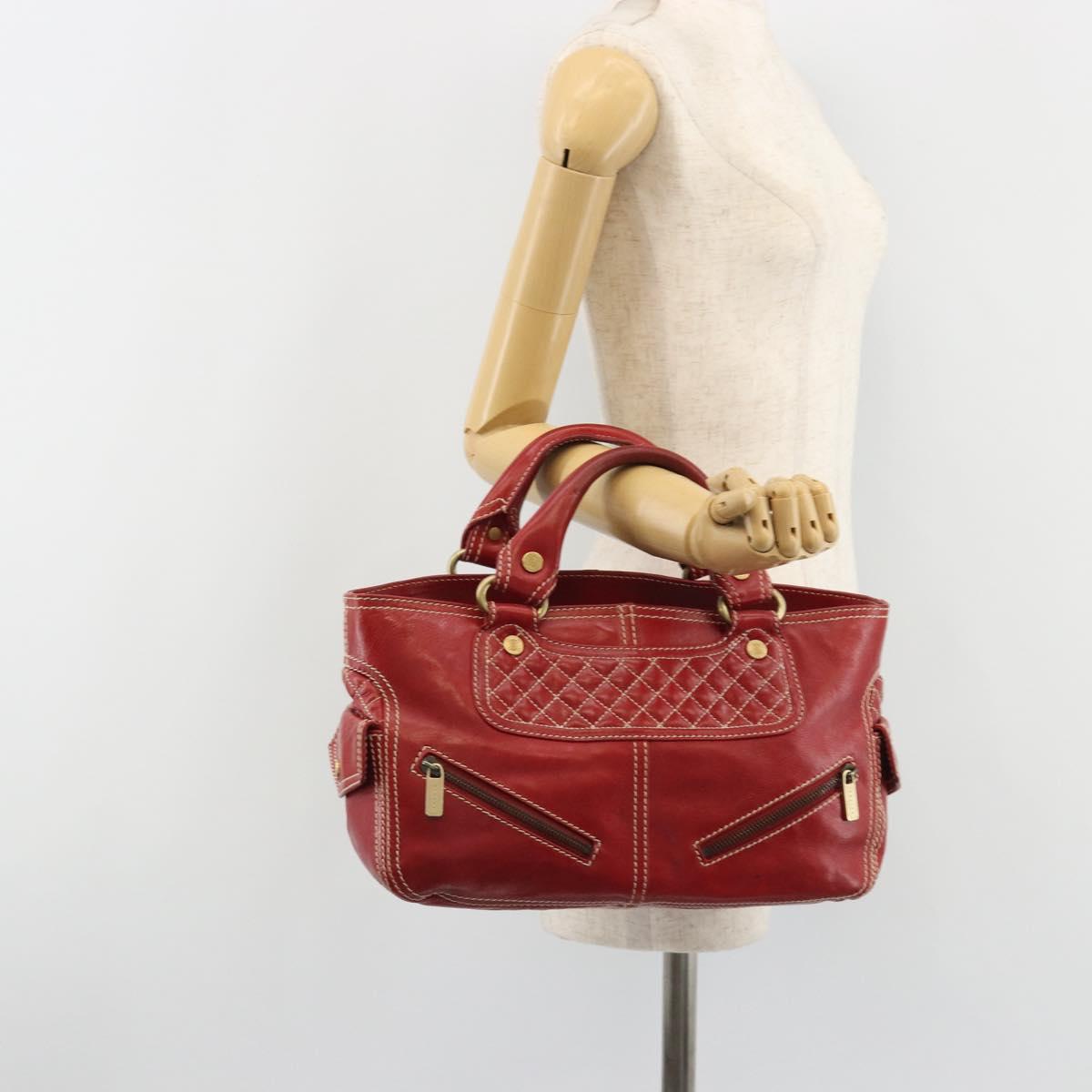 CELINE Hand Bag Leather Red Gold Auth ep14985