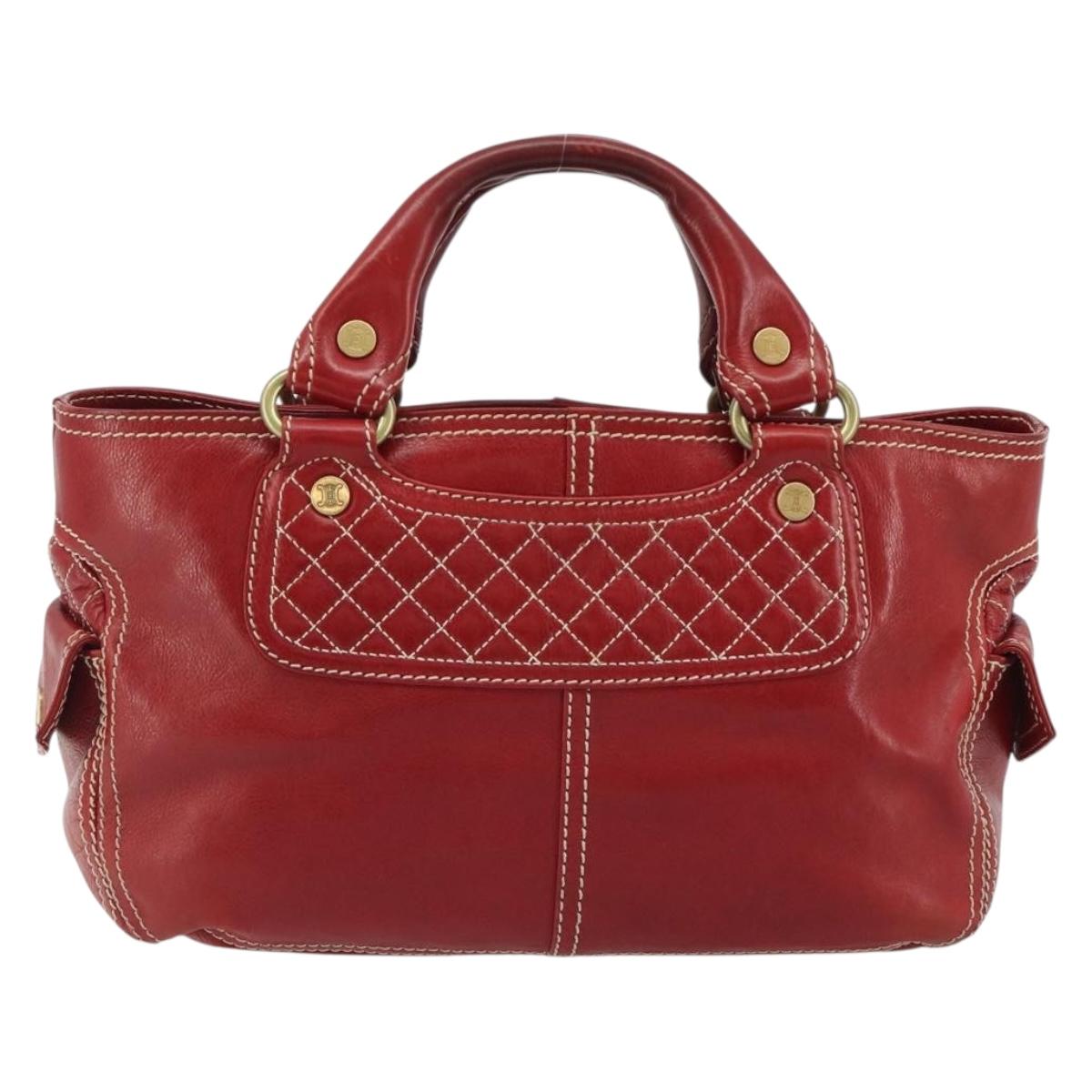 CELINE Hand Bag Leather Red Gold Auth ep14985
