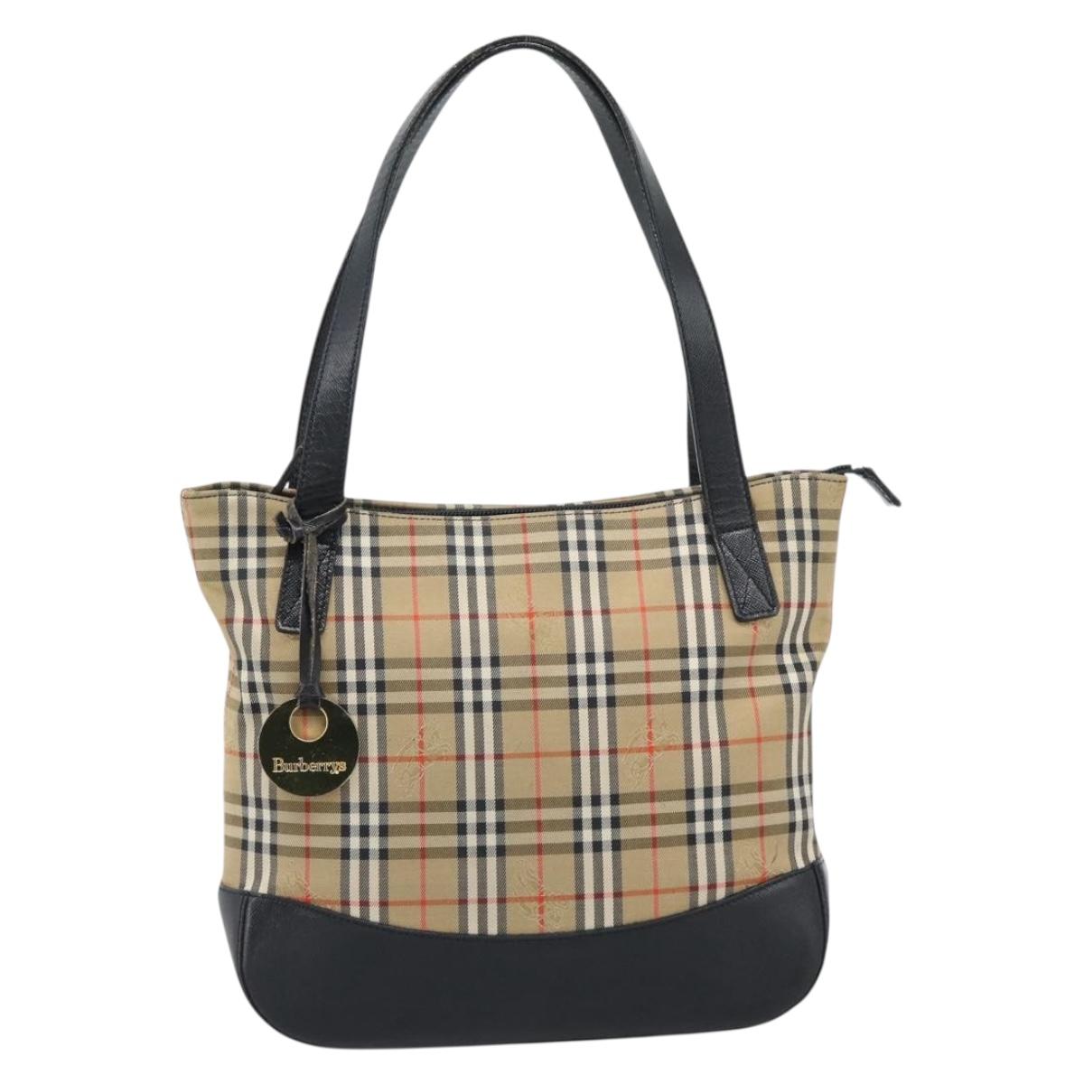 Burberrys Nova Check Hand Bag Canvas Beige Gold Auth ep14987