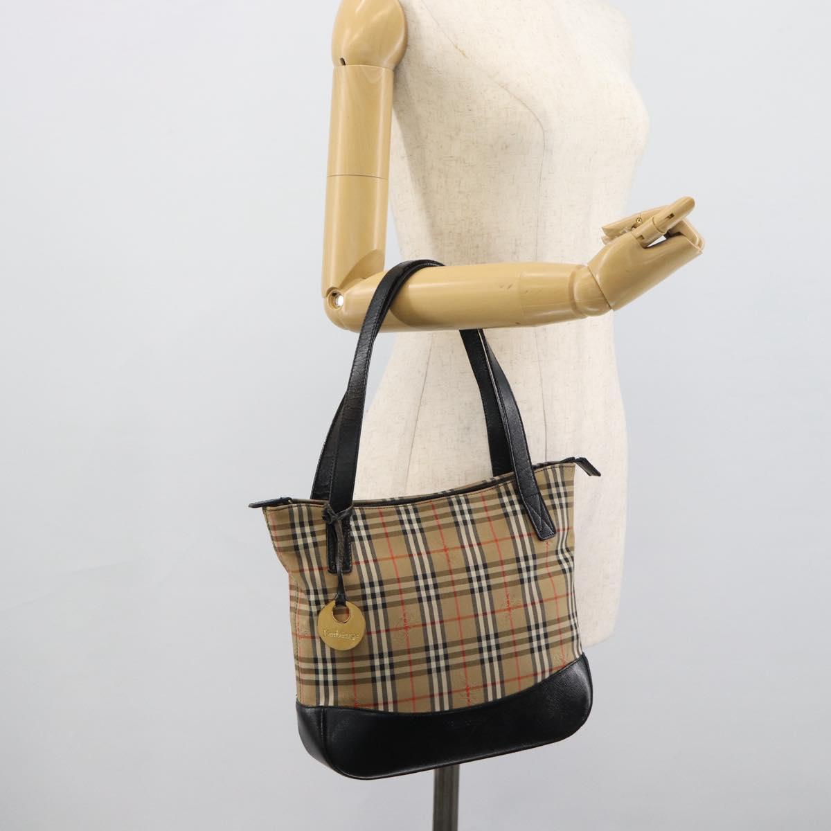 Burberrys Nova Check Hand Bag Canvas Beige Gold Auth ep14987