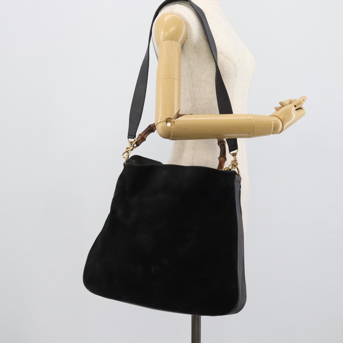 GUCCI Bamboo Shoulder Bag Suede 2way Black Gold 001 1577 2615 Auth ep14993