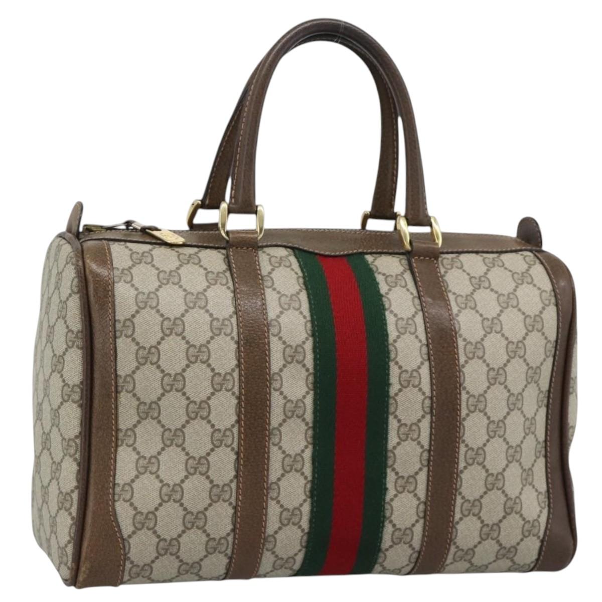 GUCCI GG Supreme Web Sherry Line Boston Bag PVC Beige Gold Auth ep15012