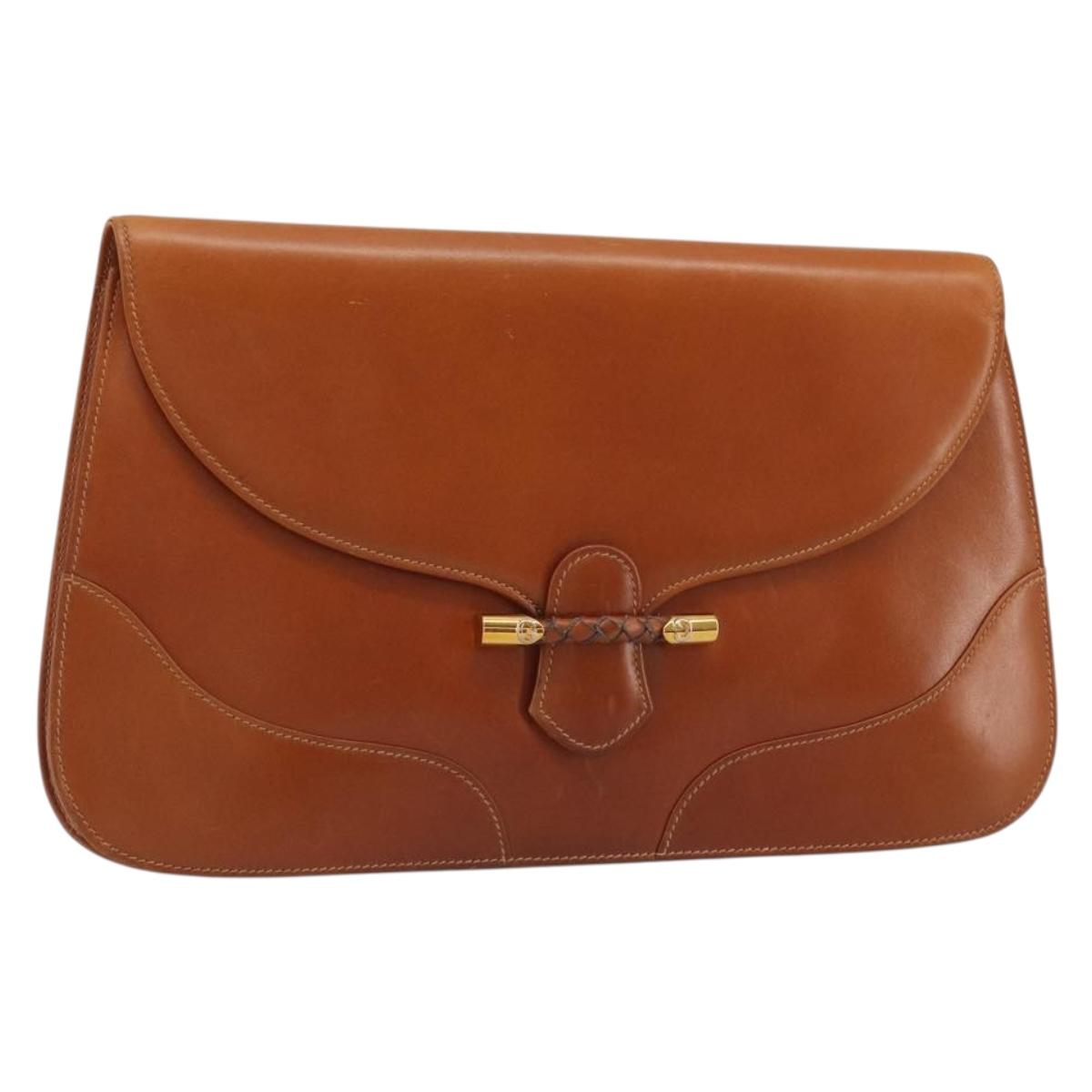 GUCCI Clutch Bag Leather Brown Gold Auth ep15027A