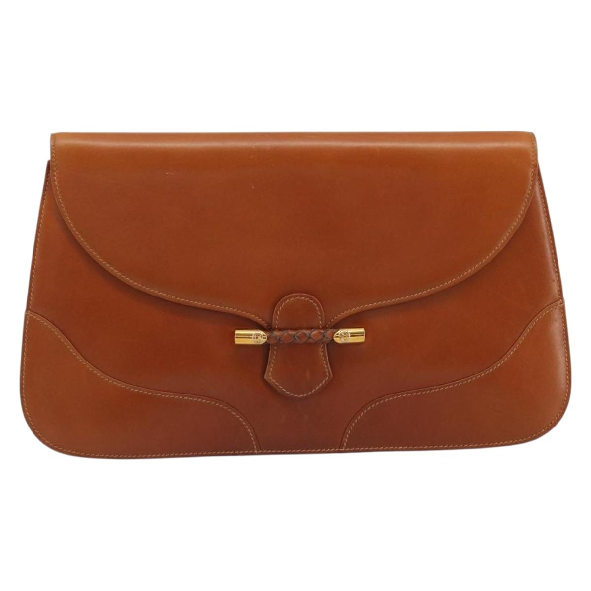 GUCCI Clutch Bag Leather Brown Gold Auth ep15027A