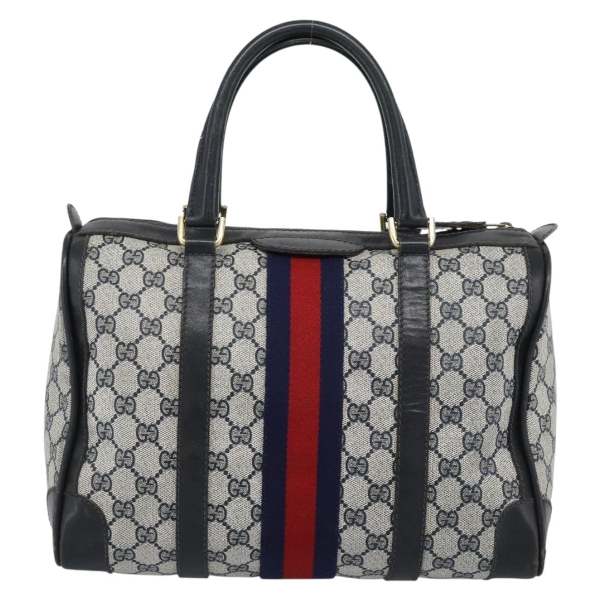 GUCCI GG Supreme Sherry Line Boston Bag PVC Navy Gold Auth ep15052