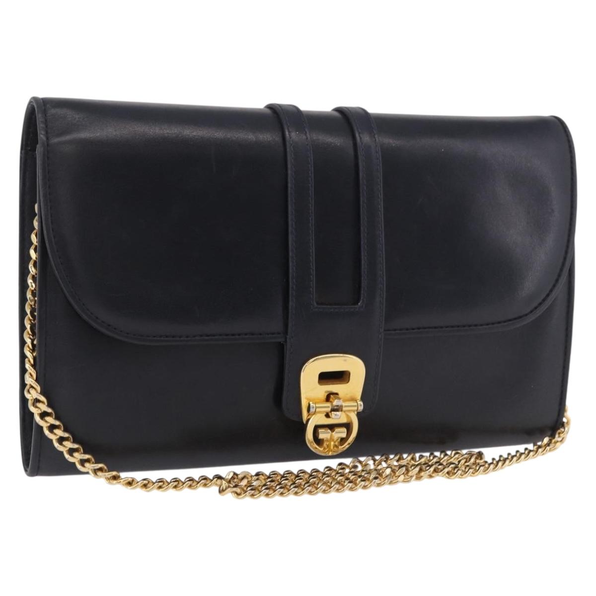 GUCCI Chain Shoulder Bag Leather Navy Gold Auth ep15061