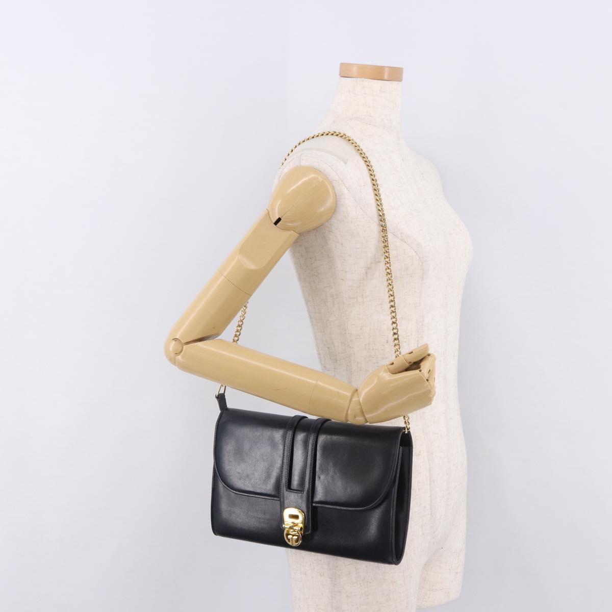 GUCCI Chain Shoulder Bag Leather Navy Gold Auth ep15061