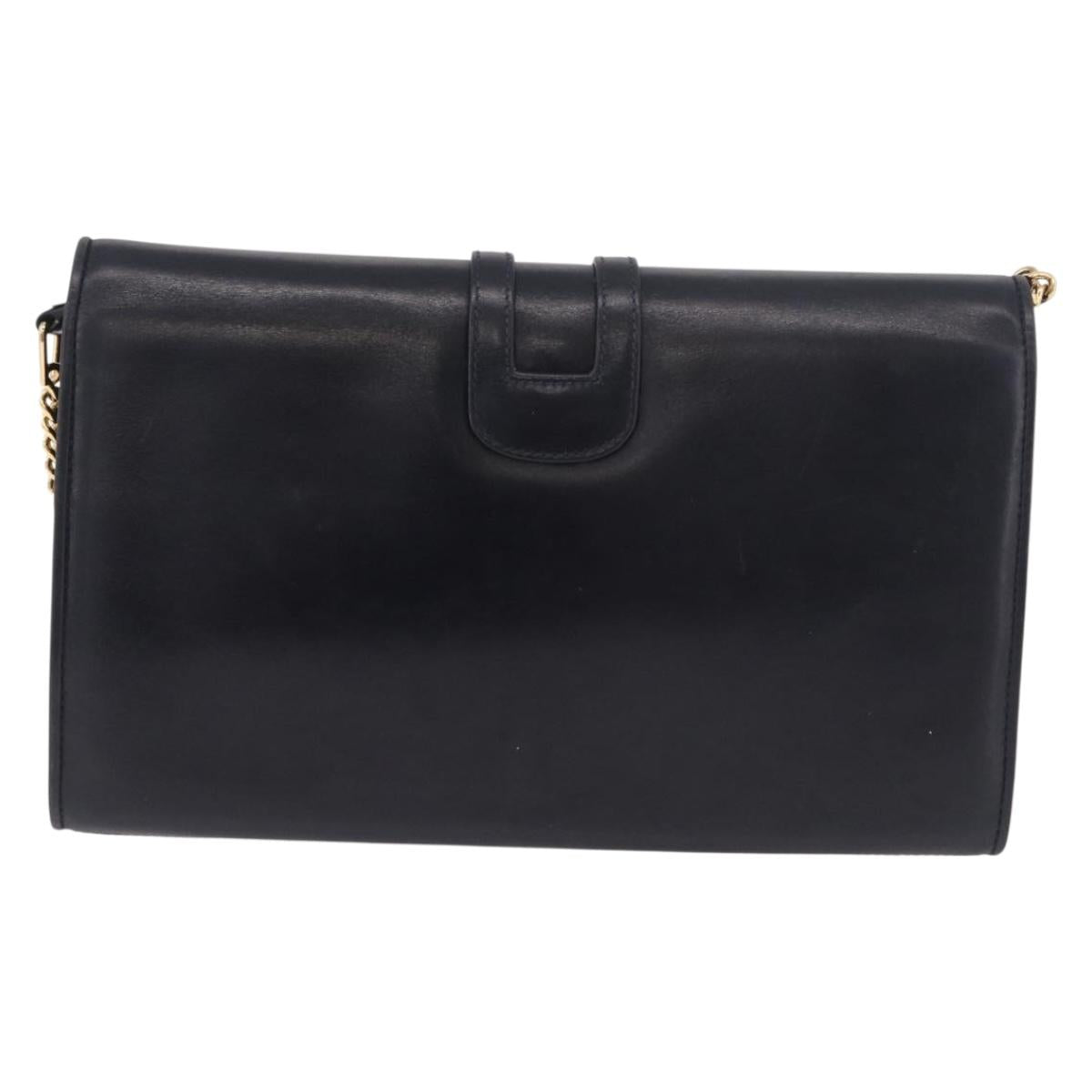 GUCCI Chain Shoulder Bag Leather Navy Gold Auth ep15061