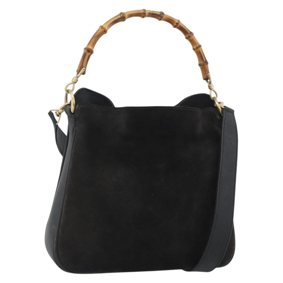 GUCCI Bamboo Shoulder Bag Suede 2way Black Gold 001 1638 2058 Auth ep15063