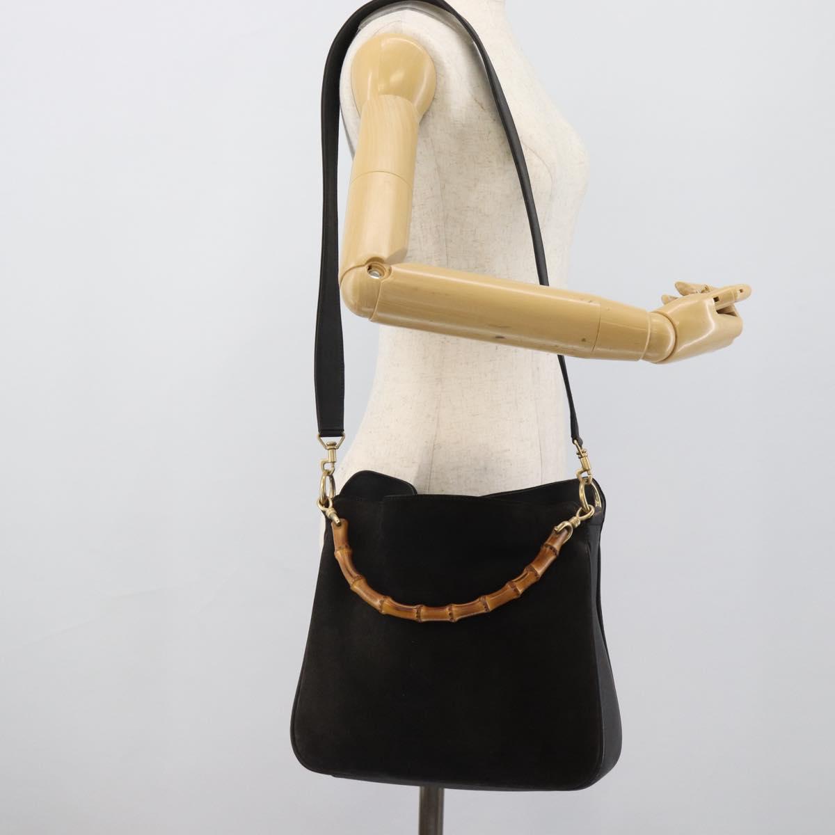 GUCCI Bamboo Shoulder Bag Suede 2way Black Gold 001 1638 2058 Auth ep15063
