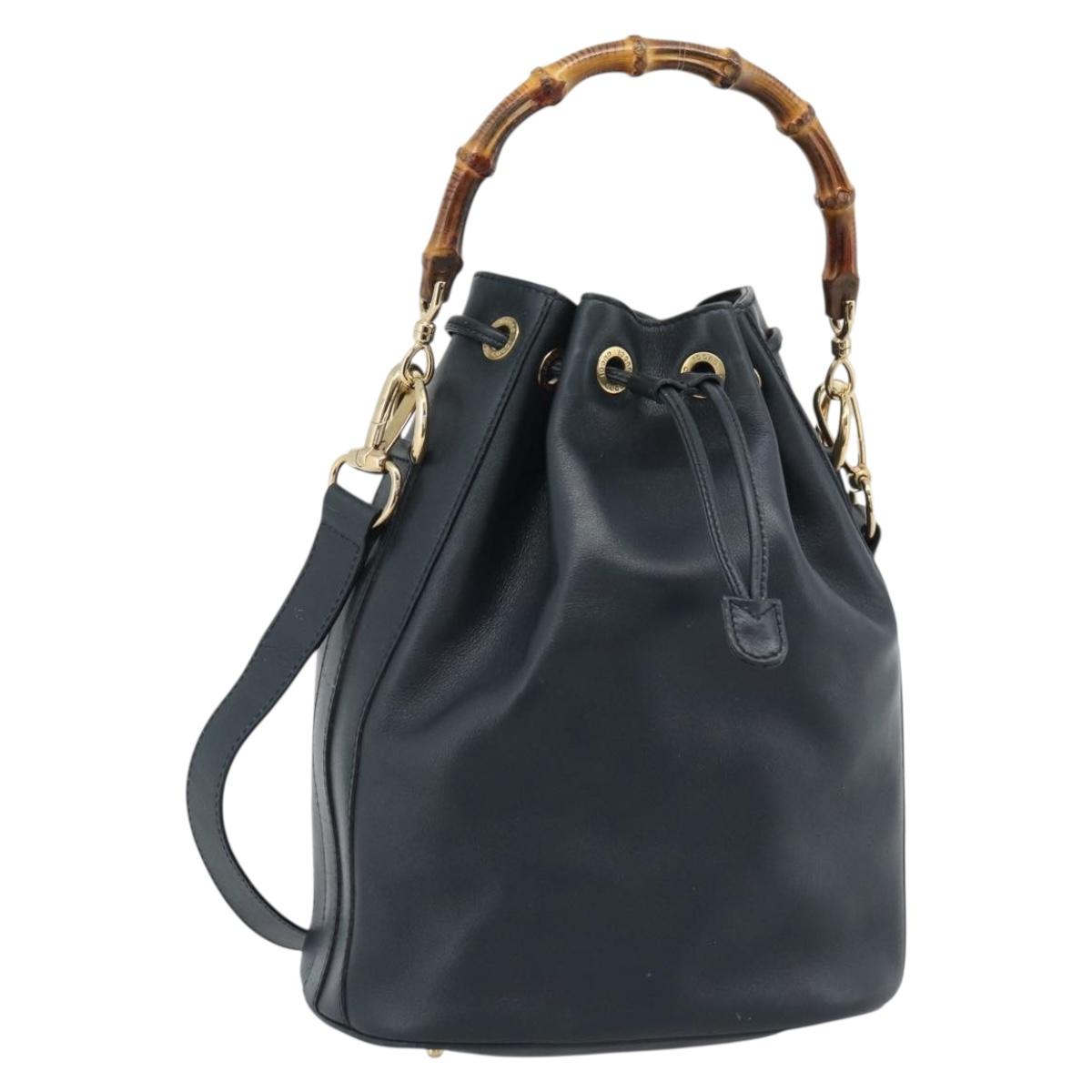 GUCCI Bamboo Hand Bag Leather 2way Navy Gold 001 3754 1657 Auth ep15071