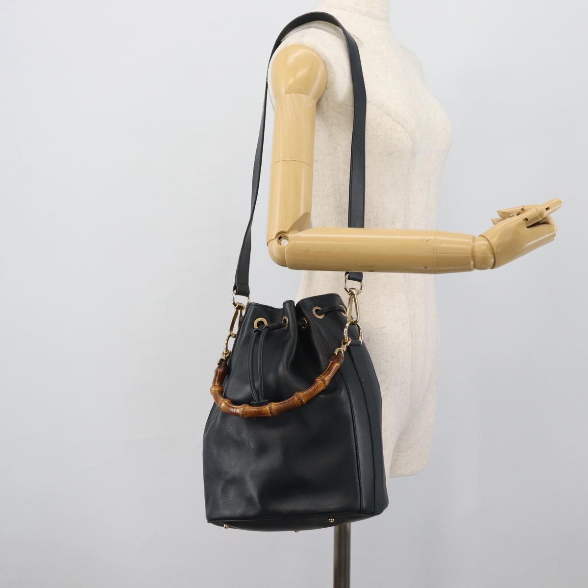 GUCCI Bamboo Hand Bag Leather 2way Navy Gold 001 3754 1657 Auth ep15071