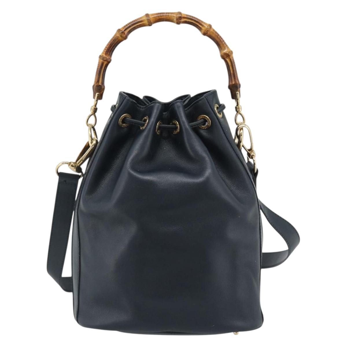 GUCCI Bamboo Hand Bag Leather 2way Navy Gold 001 3754 1657 Auth ep15071
