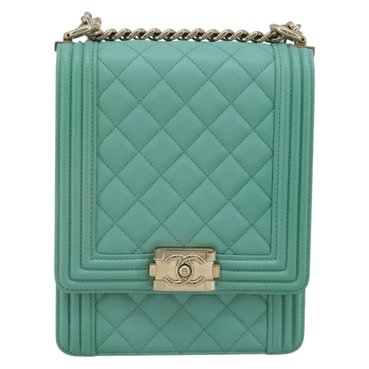 CHANEL Chain Matelasse Boy Chanel Bag Lamb Skin Green Gold CC Auth ep15086SM