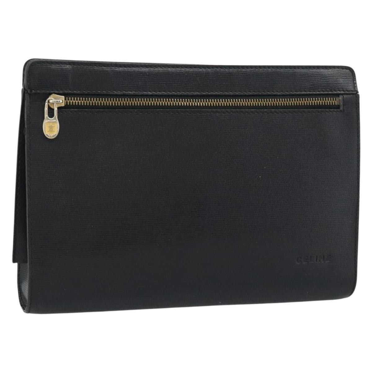 CELINE Clutch Bag Leather Black Gold Auth ep15100