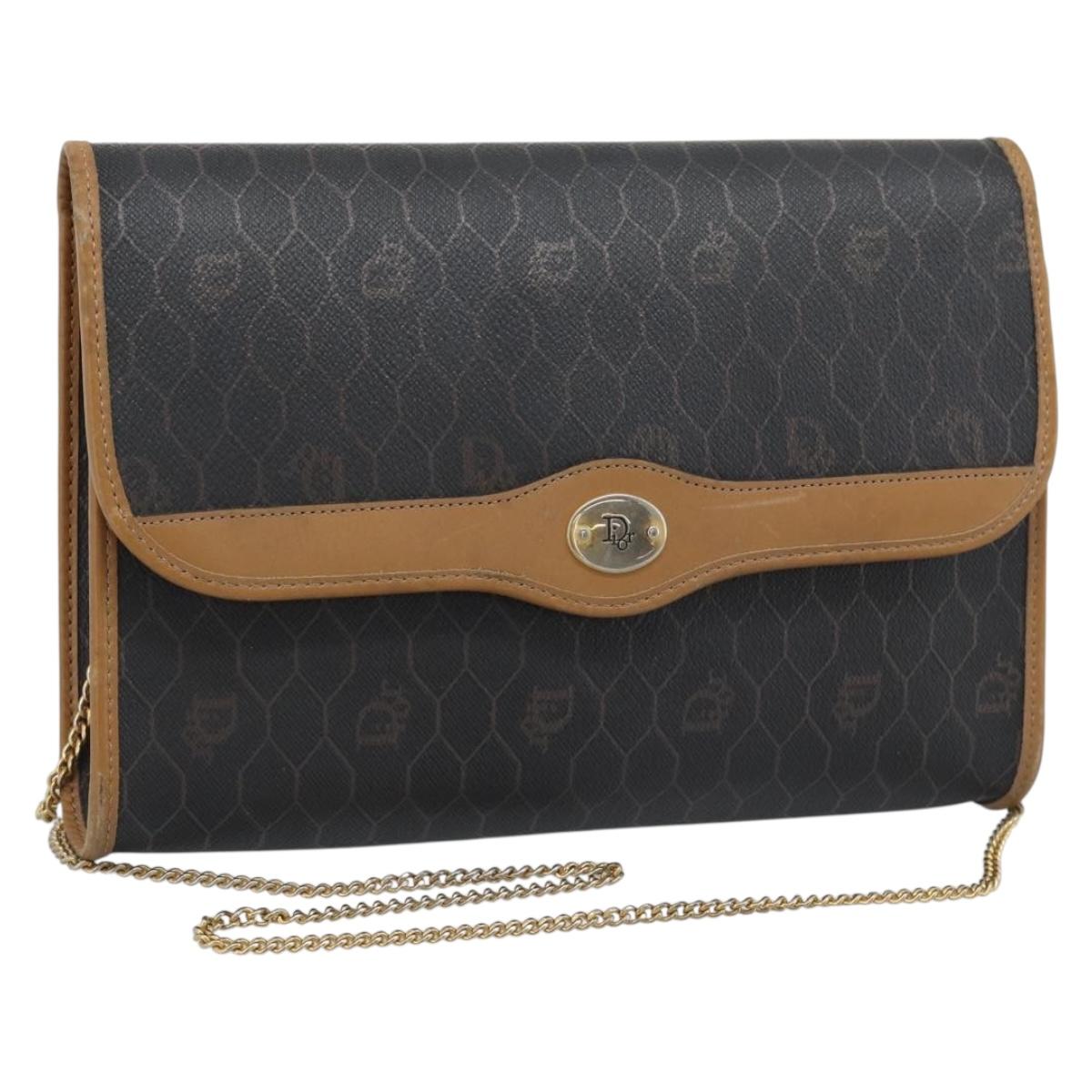 Christian Dior Honeycomb Canvas Chain Shoulder Bag PVC Black Gold Auth ep15113