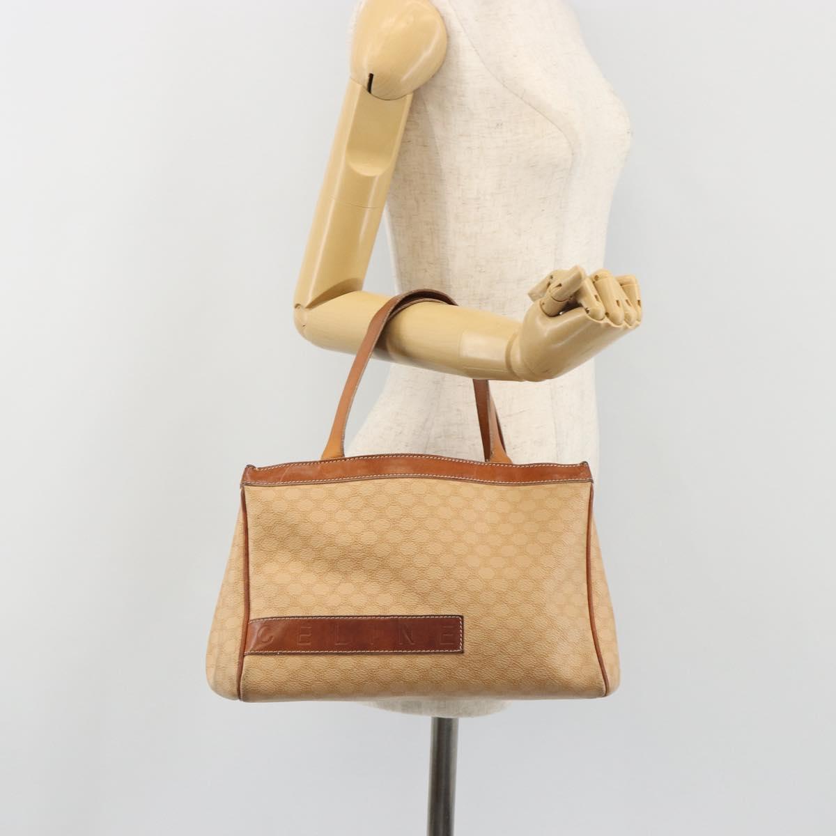 CELINE Macadam Hand Bag PVC Leather Beige Gold Tone Auth ep15137