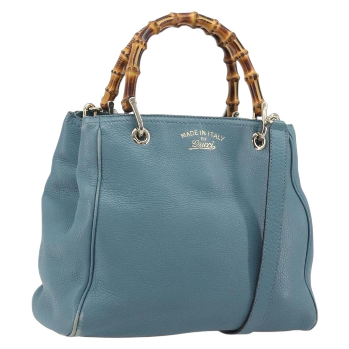 GUCCI Bamboo Hand Bag Leather 2way Blue Silver 336032 Auth ep15143