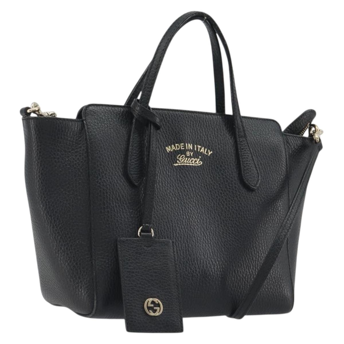 GUCCI Hand Bag Leather 2way Black Gold Tone Auth ep15144