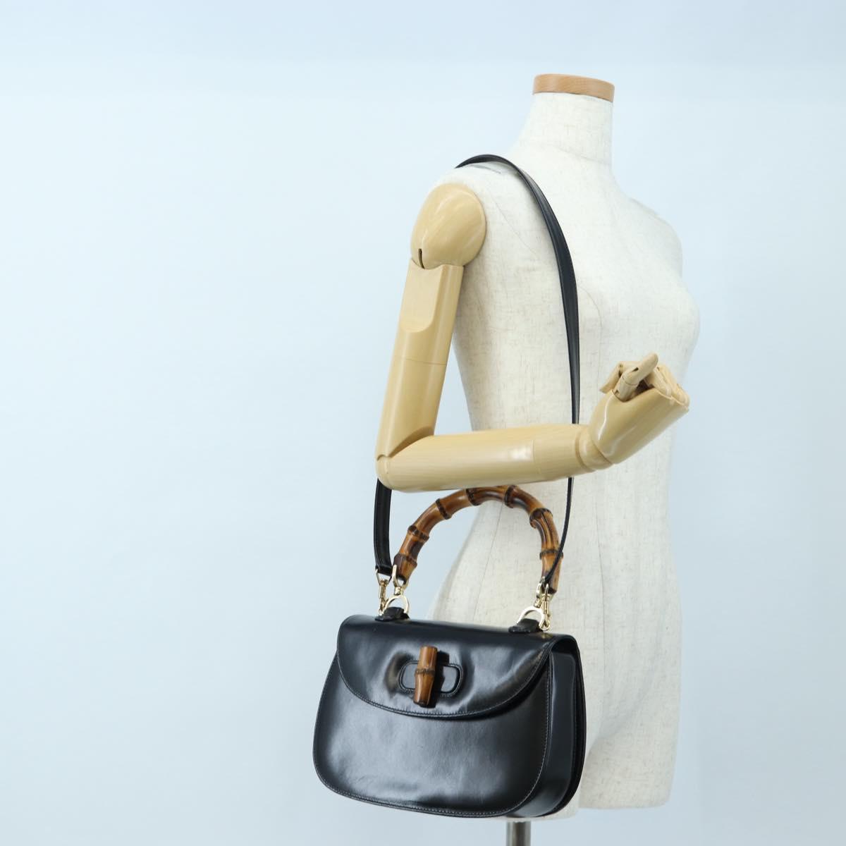 GUCCI Bamboo Hand Bag Leather 2way Black Gold Tone Auth ep15168SAV