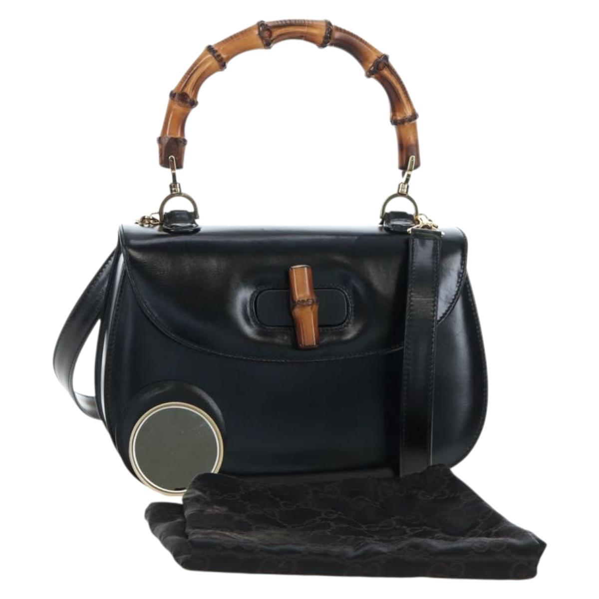 GUCCI Bamboo Hand Bag Leather 2way Black Gold Tone Auth ep15168SAV
