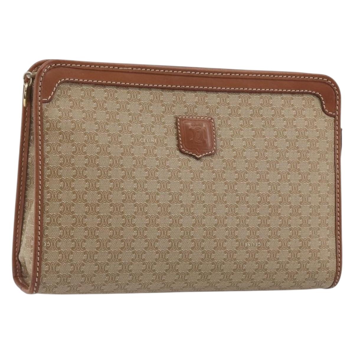 CELINE Macadam Clutch Bag PVC Leather Beige Gold Tone Auth ep15177