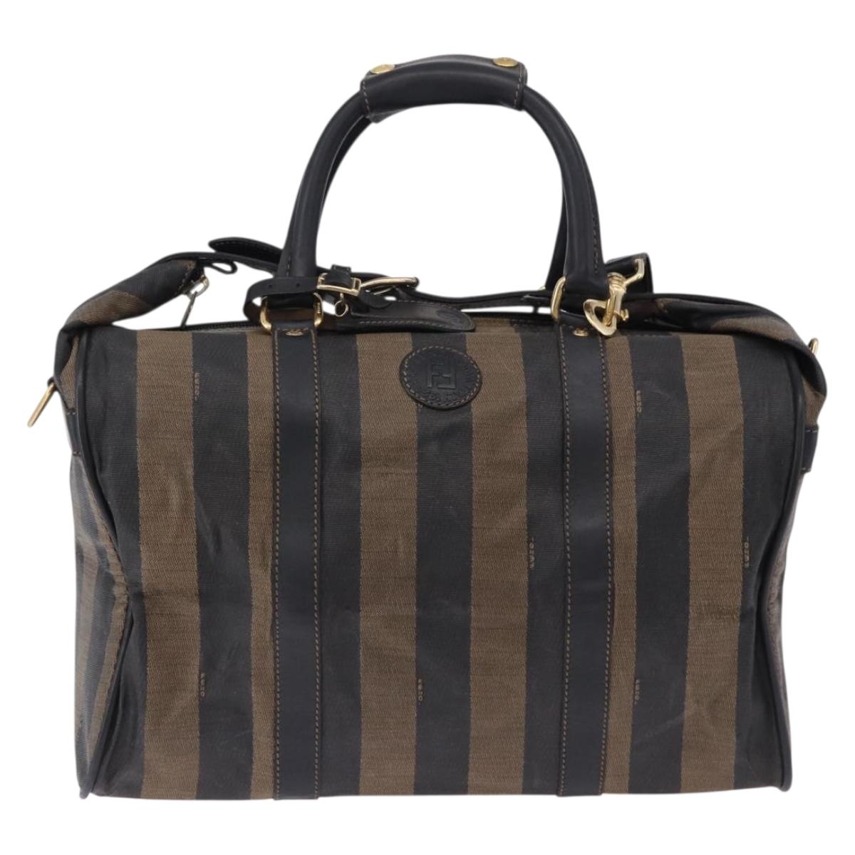 FENDI Pecan Canvas Boston Bag 2way Black Gold Tone Auth ep15183
