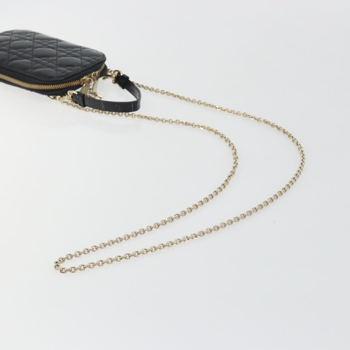 Christian Dior Cannage Phone Holder Chain Shoulder Bag Patent Black Auth ep15212