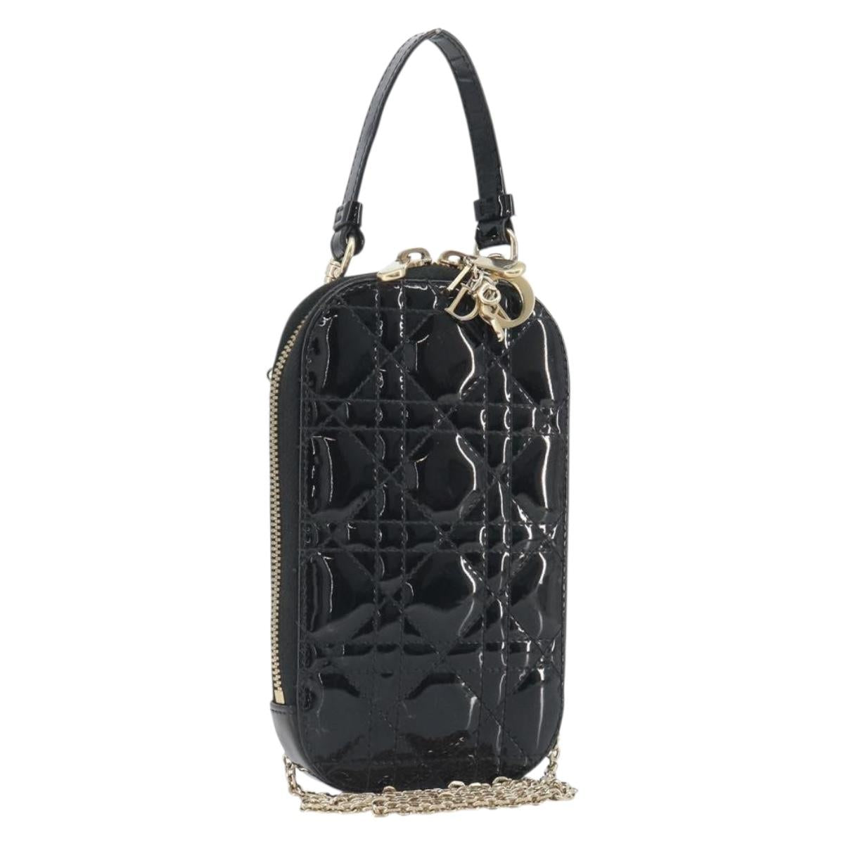 Christian Dior Cannage Phone Holder Chain Shoulder Bag Patent Black Auth ep15212