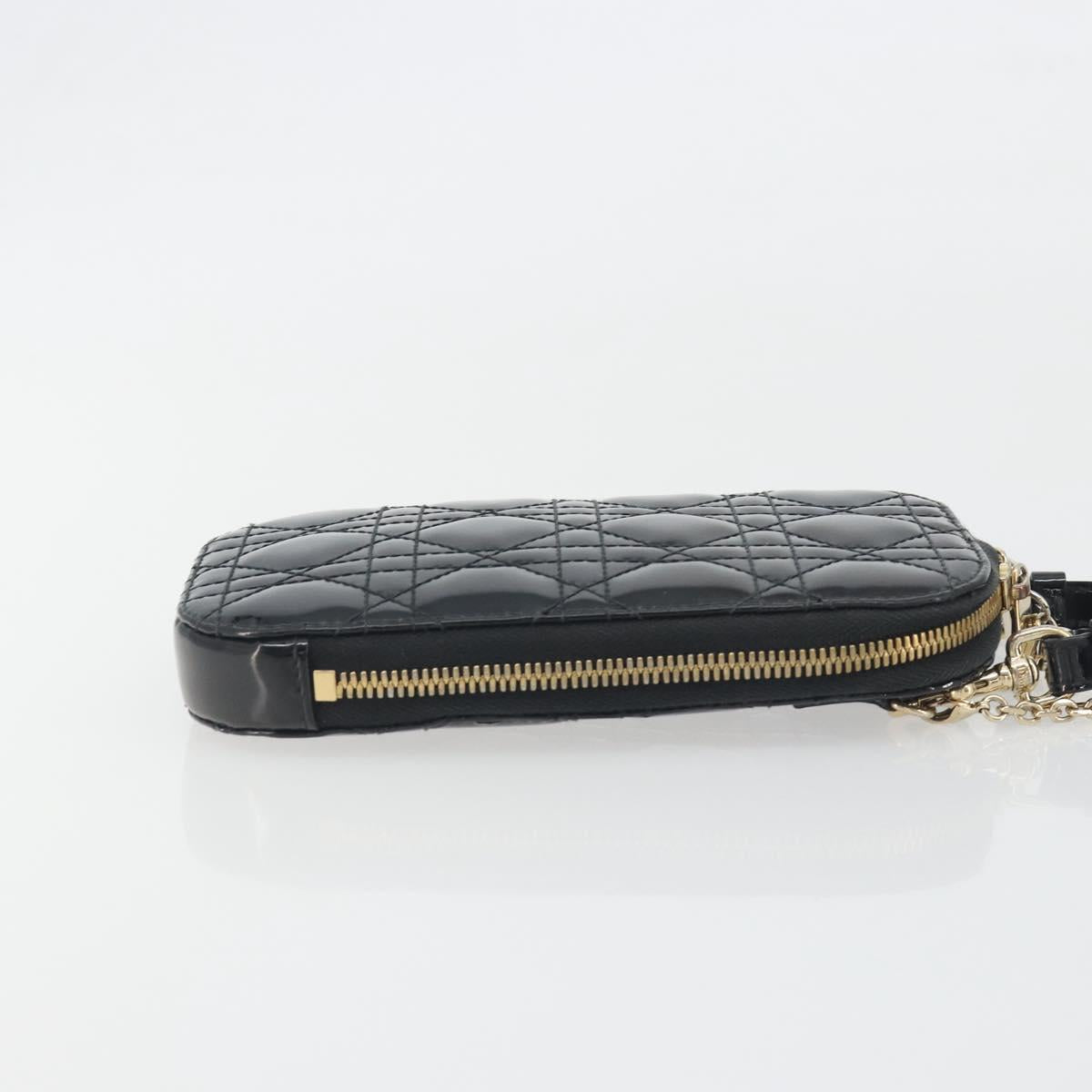 Christian Dior Cannage Phone Holder Chain Shoulder Bag Patent Black Auth ep15212