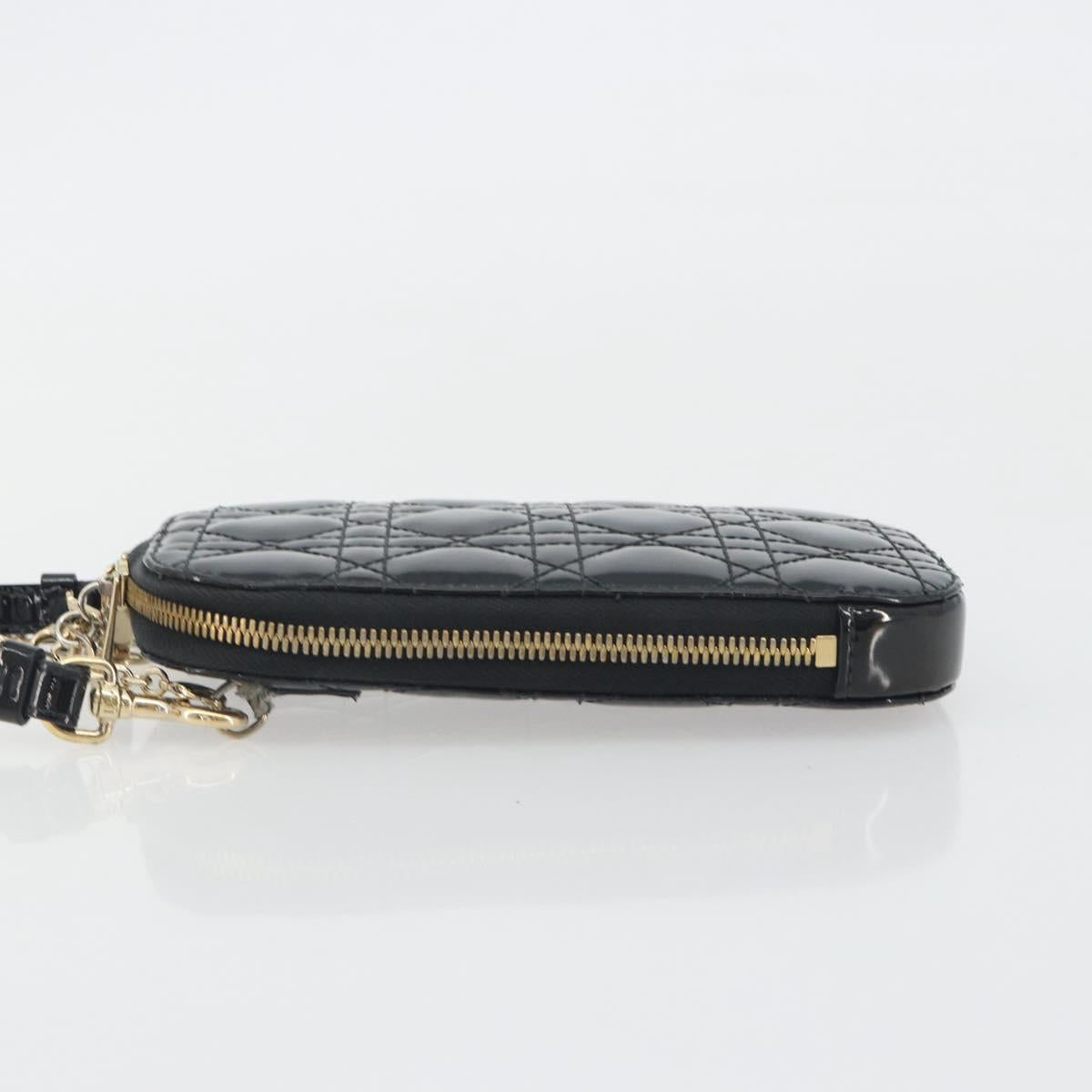Christian Dior Cannage Phone Holder Chain Shoulder Bag Patent Black Auth ep15212
