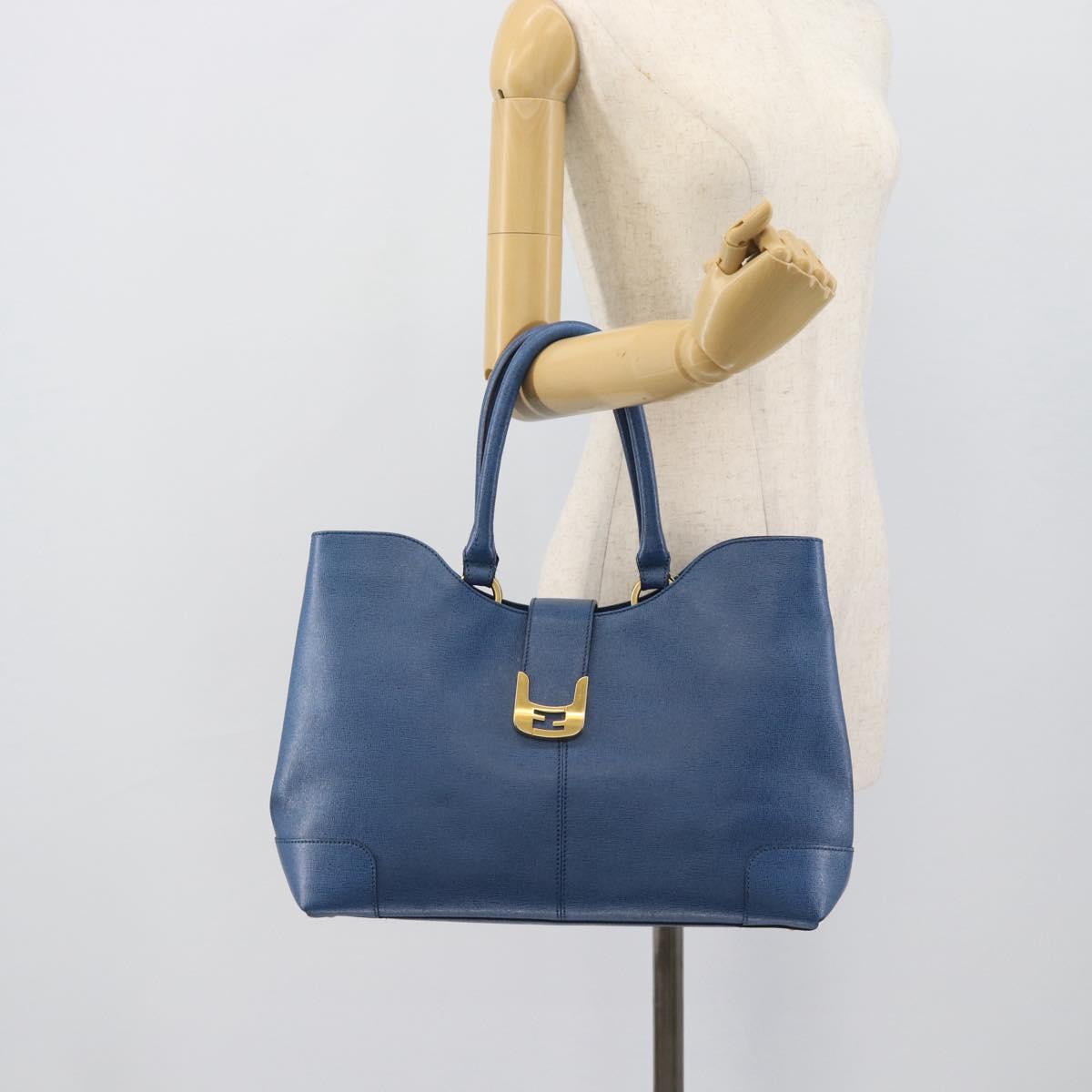 FENDI Tote Bag Leather Blue Gold Tone 8BR662 Auth ep15227