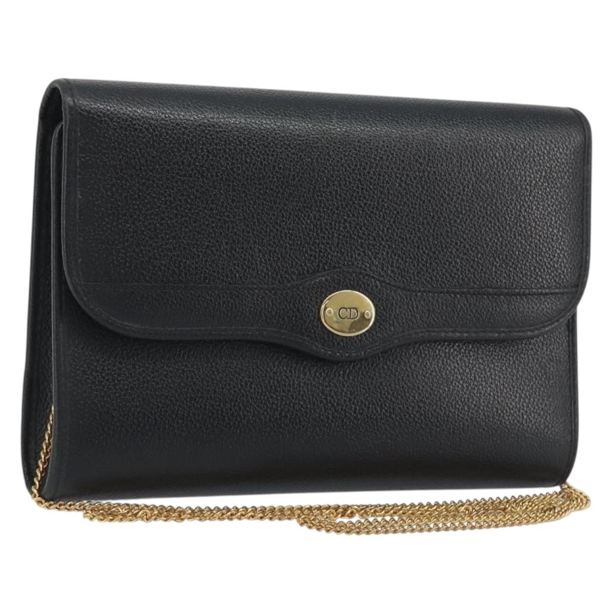 Christian Dior Chain Shoulder Bag Leather Black Gold Tone Auth ep15243A