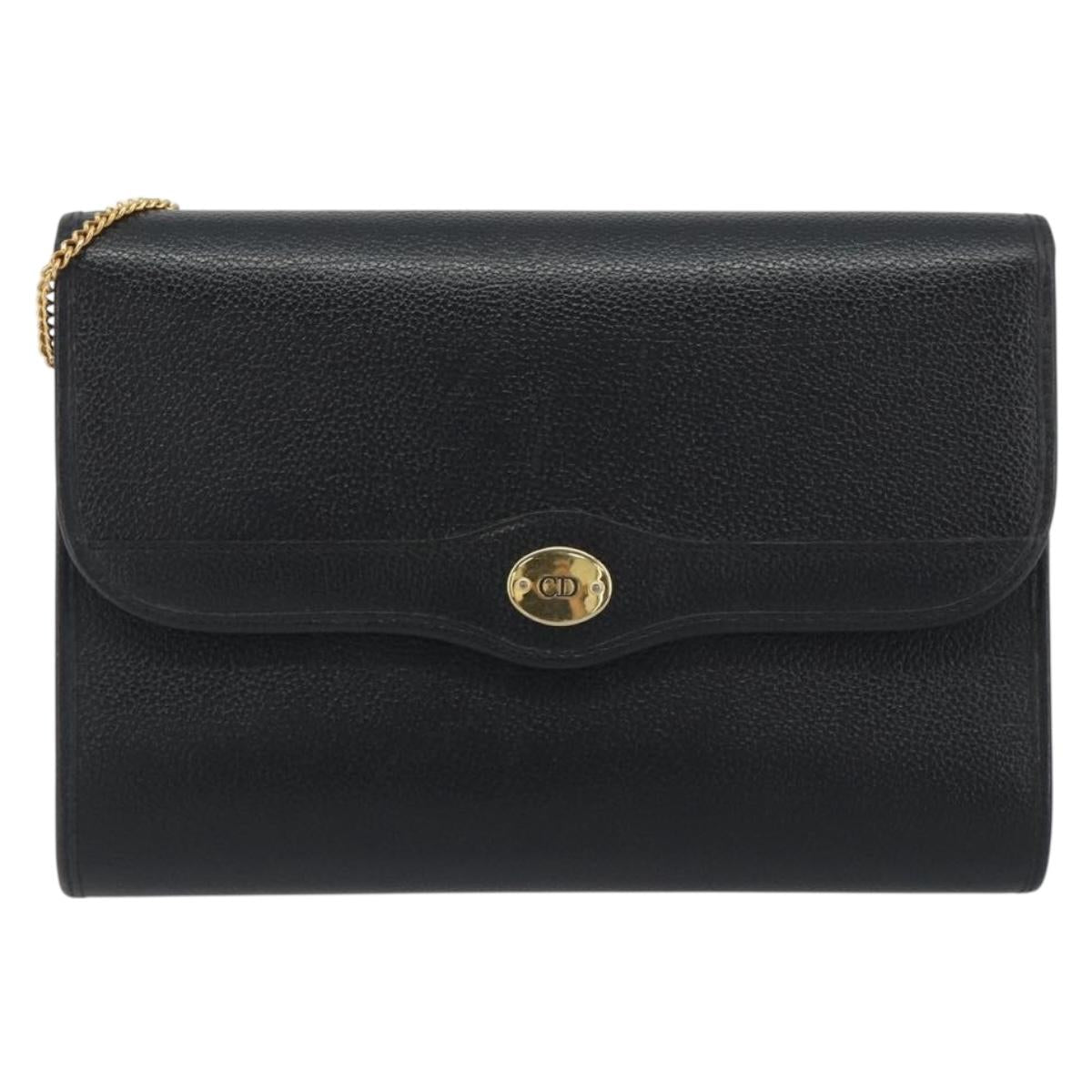 Christian Dior Chain Shoulder Bag Leather Black Gold Tone Auth ep15243A