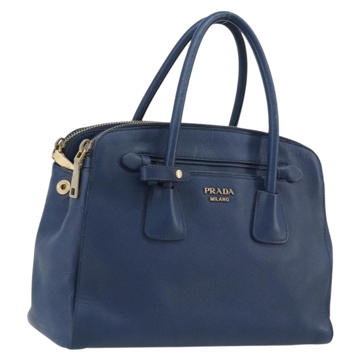 PRADA Hand Bag Leather Blue Gold Tone Auth ep15244