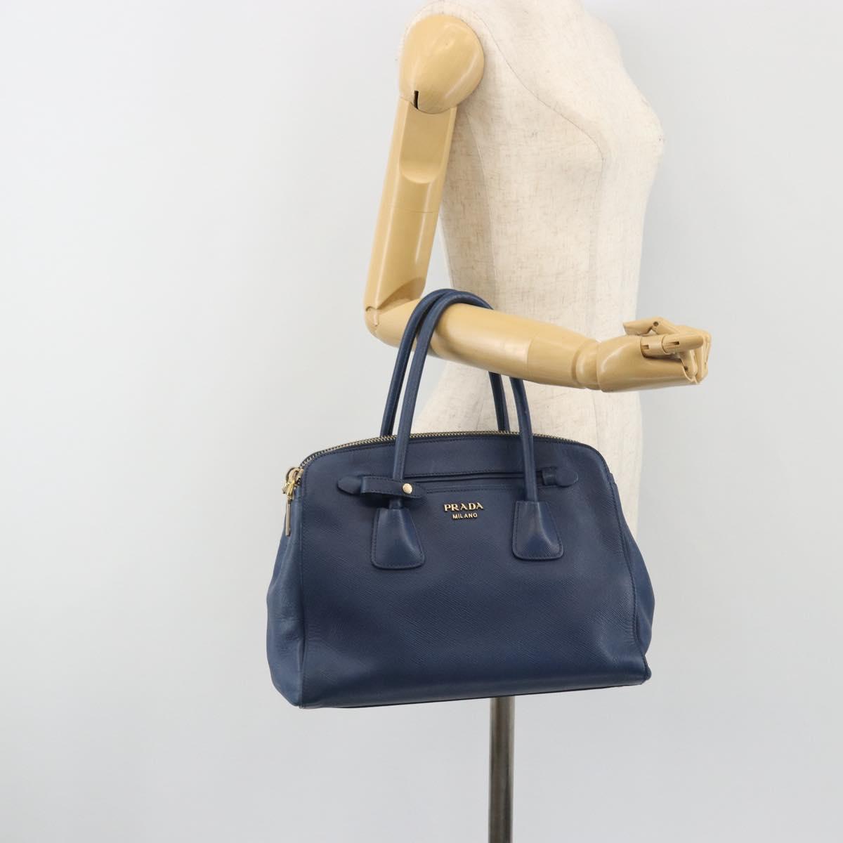 PRADA Hand Bag Leather Blue Gold Tone Auth ep15244