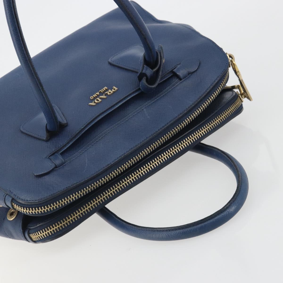 PRADA Hand Bag Leather Blue Gold Tone Auth ep15244