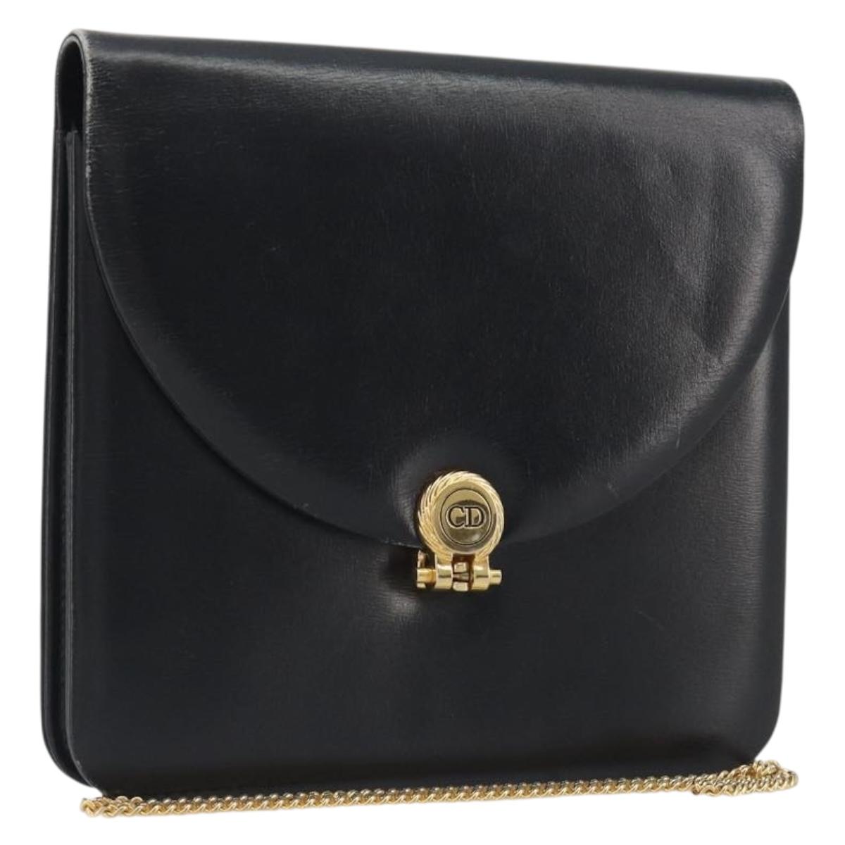 Christian Dior Chain Shoulder Bag Leather Black Gold Tone Auth ep15258