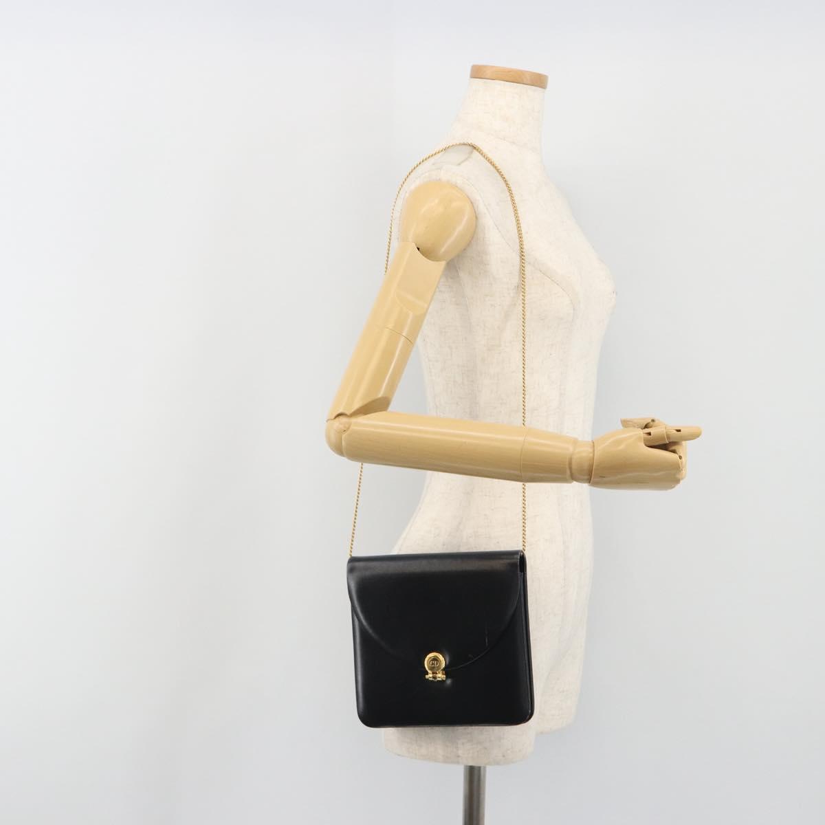 Christian Dior Chain Shoulder Bag Leather Black Gold Tone Auth ep15258